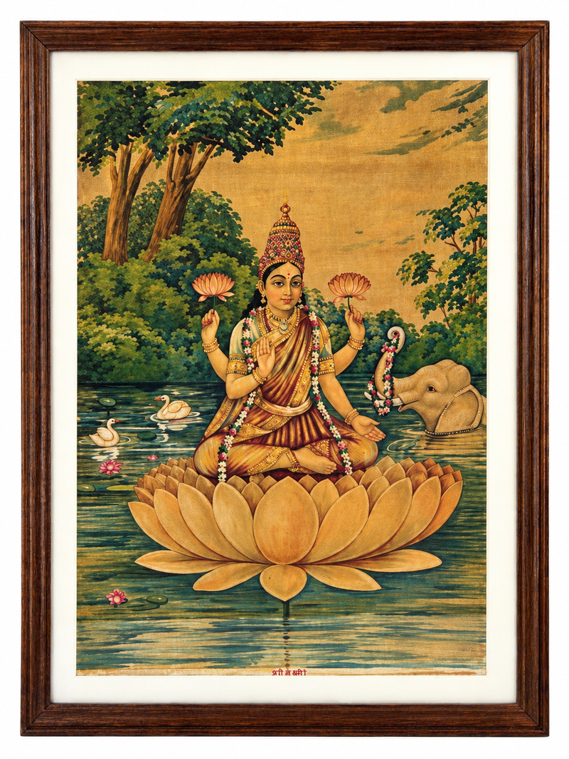 Vintage Raja Ravi Varma Laxmi Oleograph (G. Cunniah)