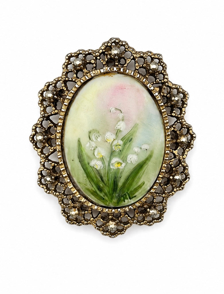 Vintage painted porcelain "Lily of the Valley" brooch. (BBS_MWCBR001)