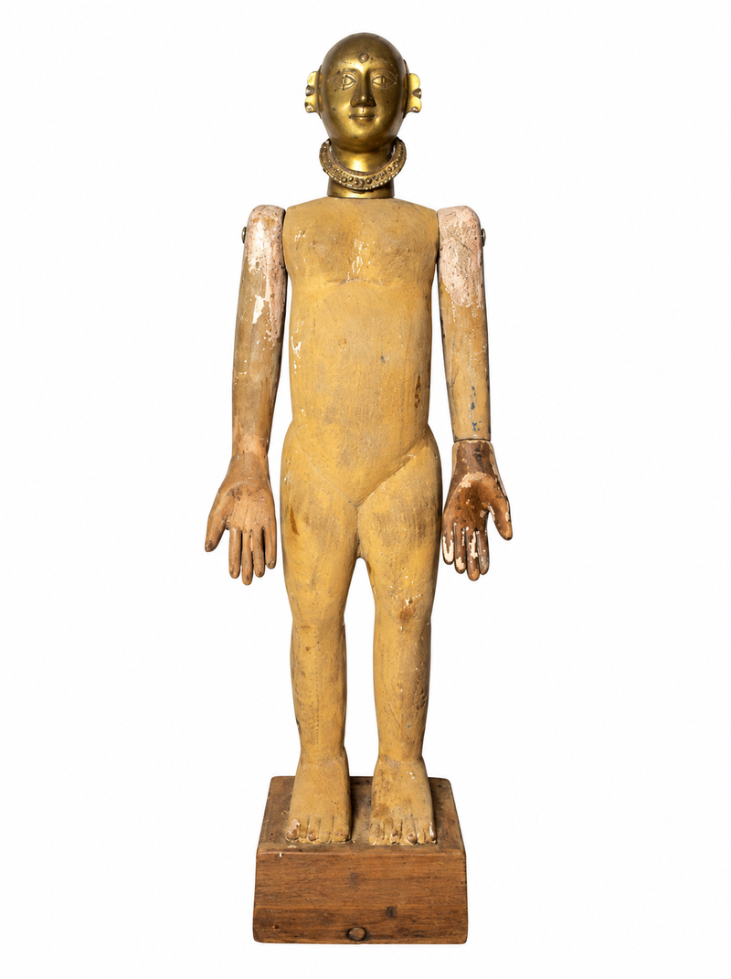 Antique Articulated Wooden Folk Art Doll With Gauri Brass Head