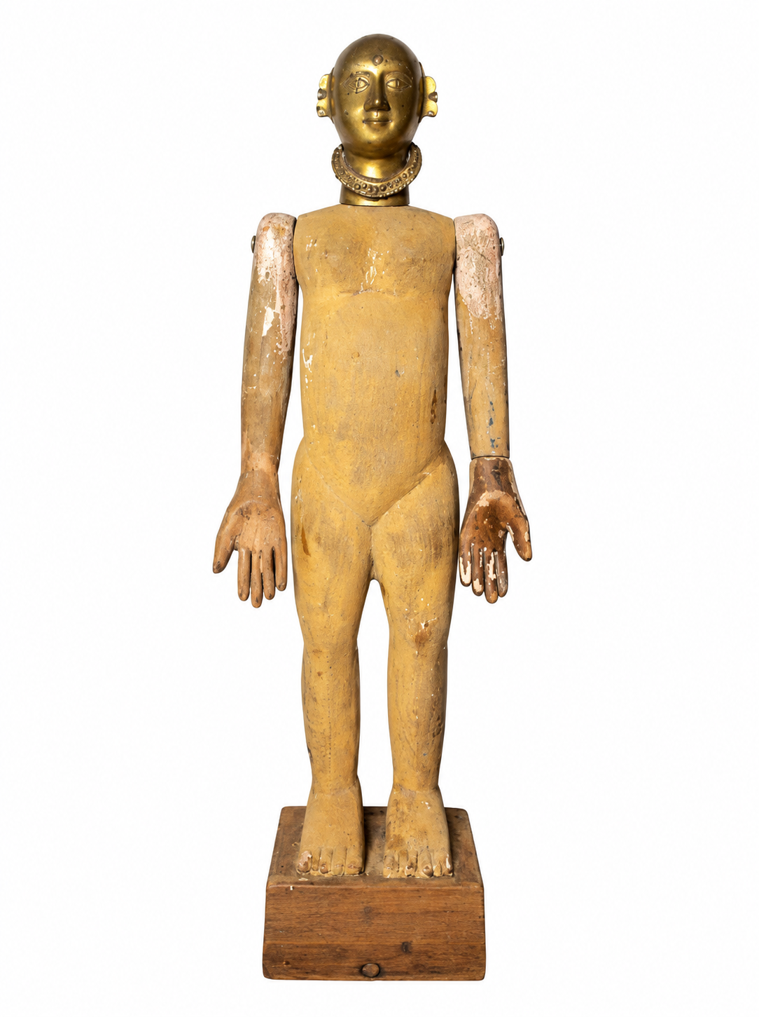 Antique Articulated Wooden Folk Art Doll With Gauri Brass Head