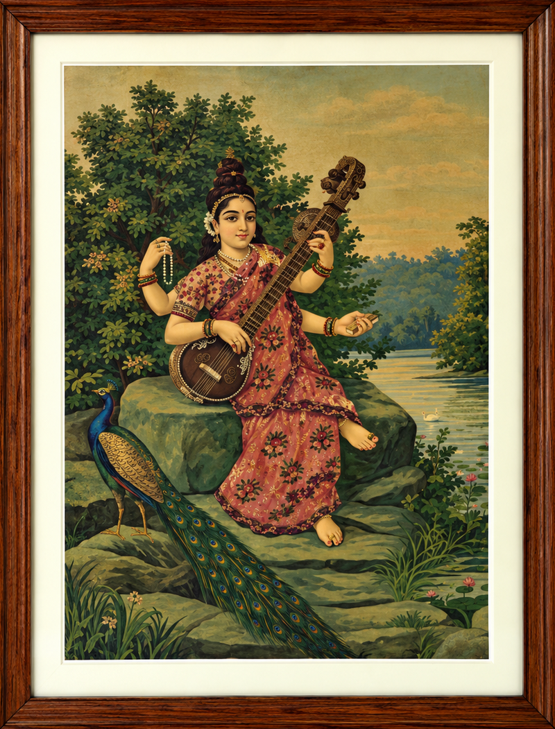 Vintage Raja Ravi Varma Saraswati Oleograph (No. 15)