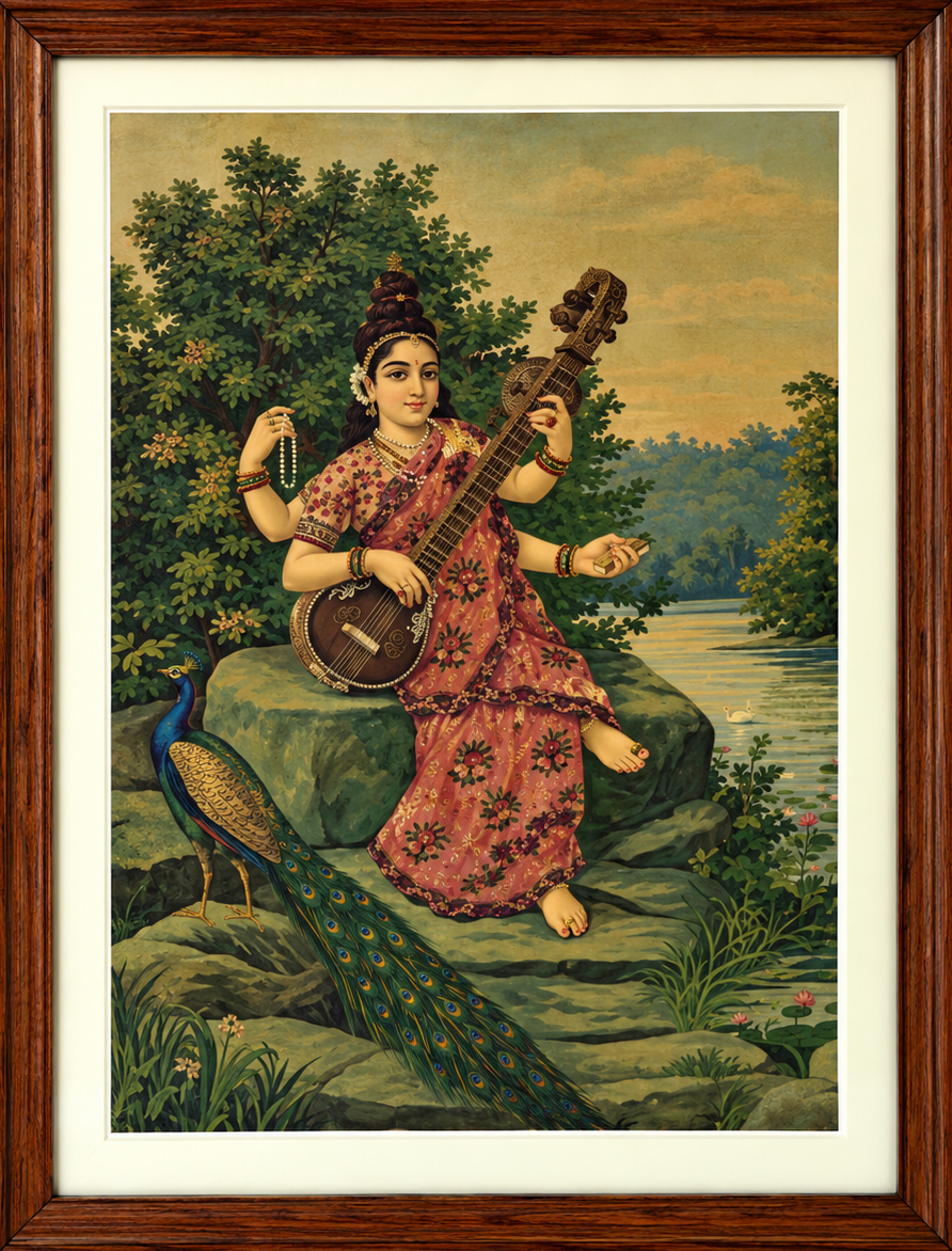 Vintage Raja Ravi Varma Saraswati Oleograph (No. 15)