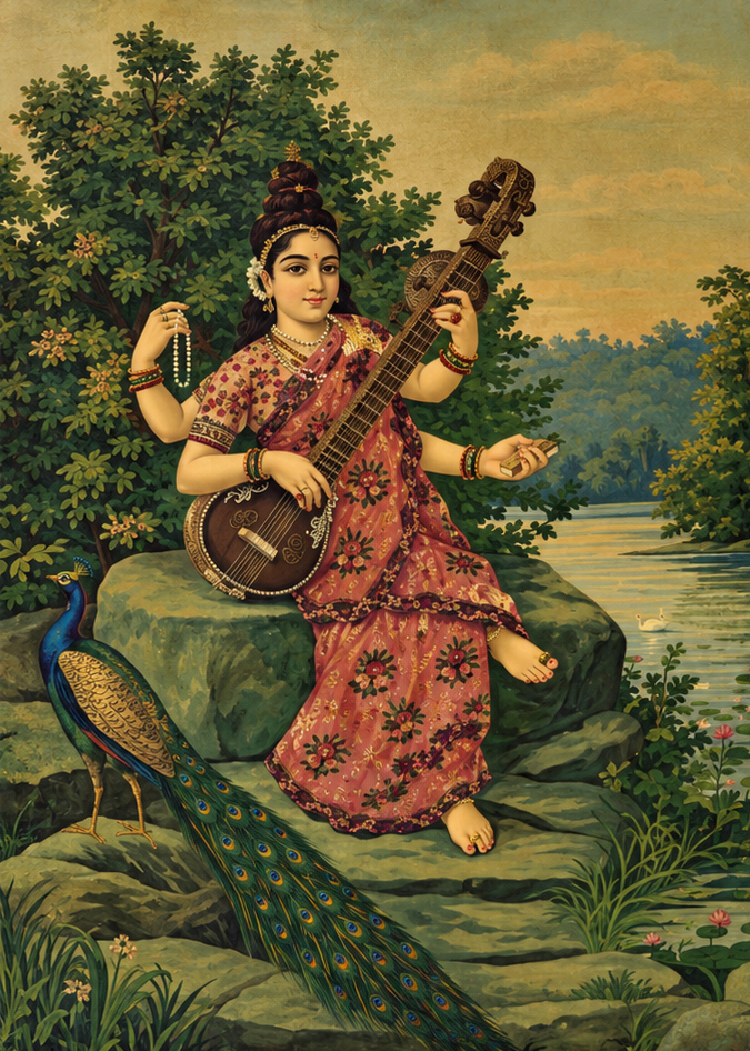 Vintage Raja Ravi Varma Saraswati Oleograph (No. 15)