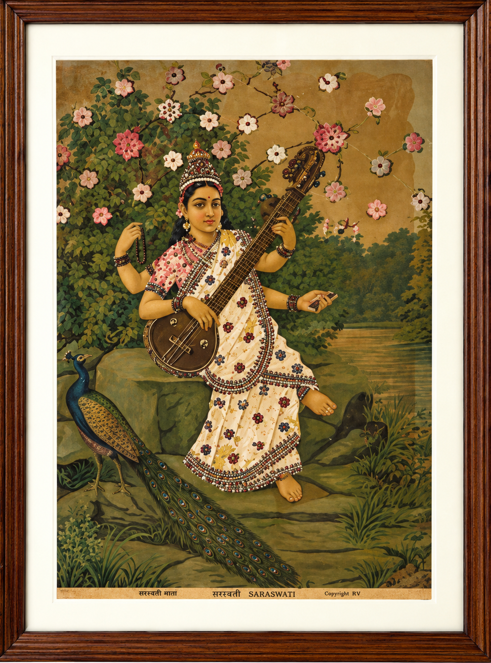 Vintage Raja Ravi Varma Saraswati Large Oleograph (No. 3)