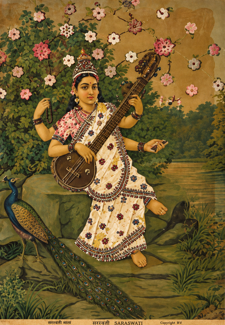 Vintage Raja Ravi Varma Saraswati Large Oleograph (No. 3)