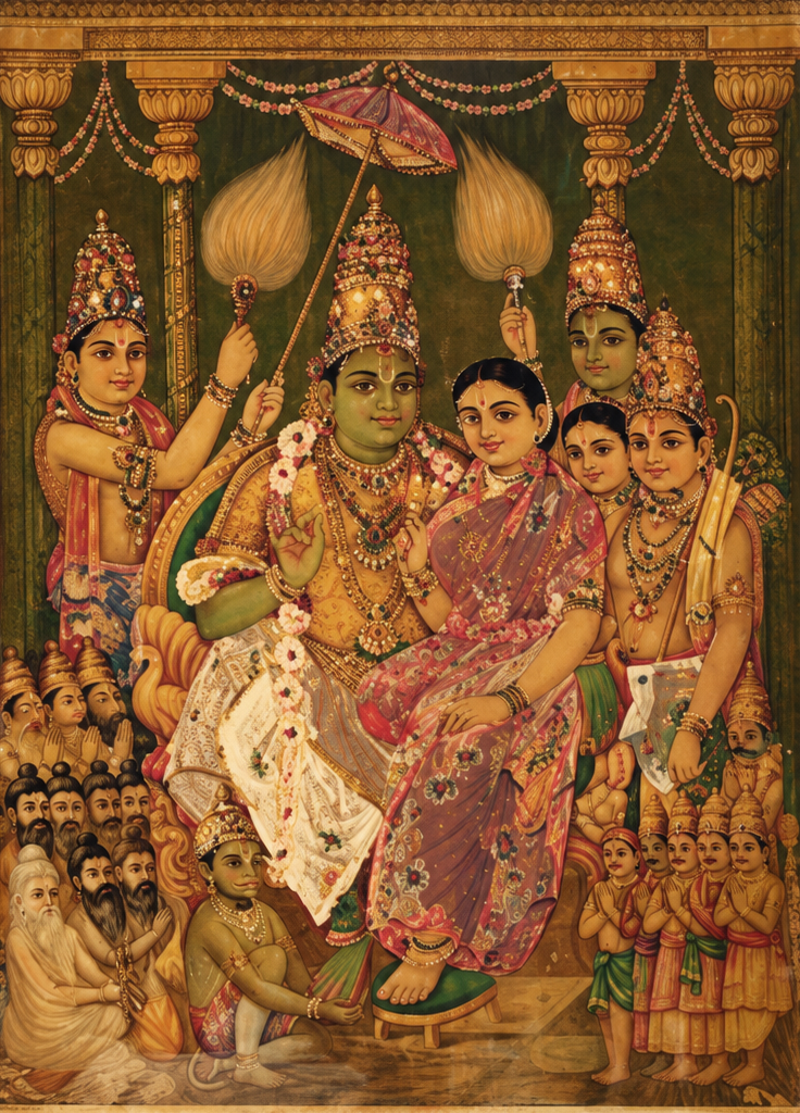 Vintage Raja Ravi Varma Sri Rama Pattabhishekam Oleograph