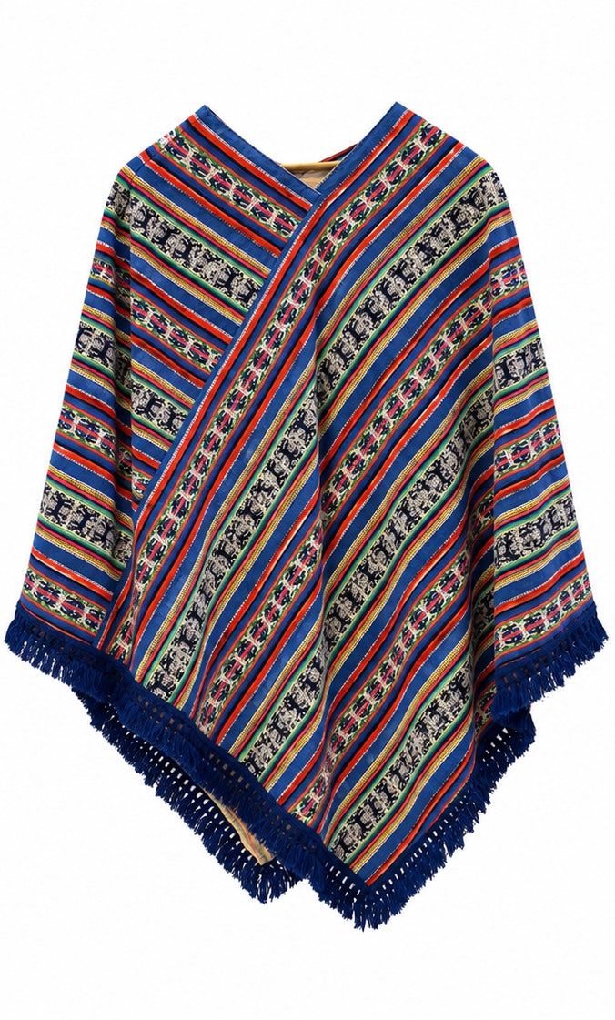 Vintage Andean Geometric Fringe Poncho