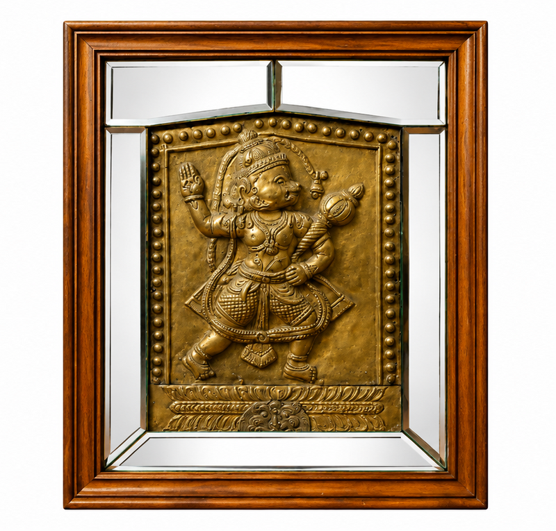 Hanuman Mirror Framed Brass Panel