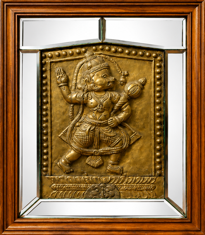 Hanuman Mirror Framed Brass Panel