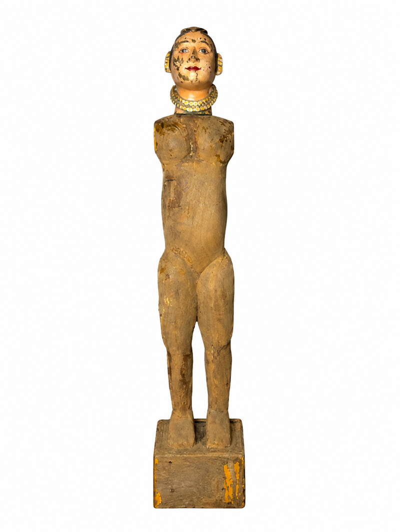 Antique Articulated Wooden Folk Art Doll With Gauri Brass Head