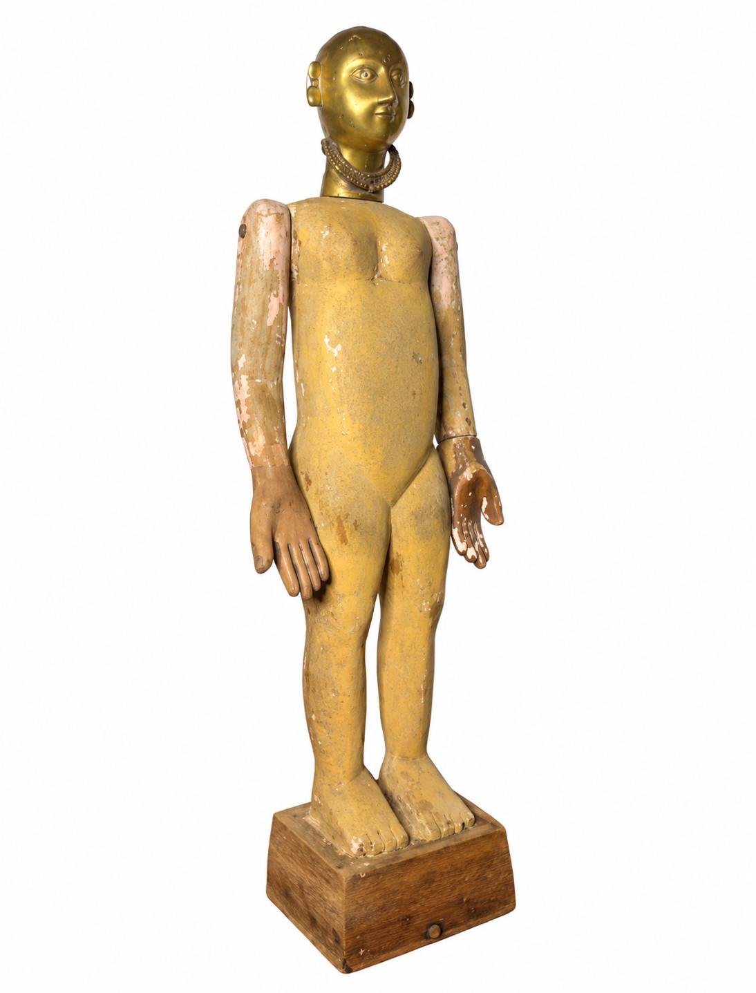 Antique Articulated Wooden Folk Art Doll With Gauri Brass Head
