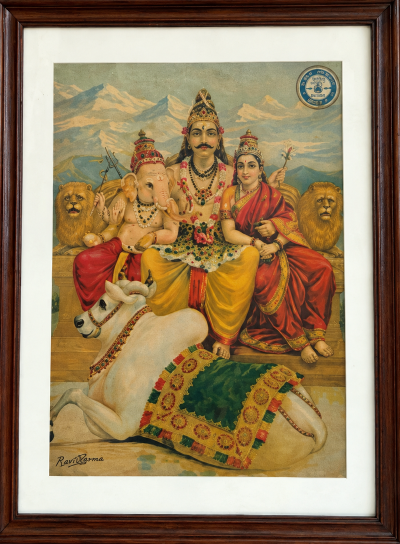 Vintage Raja Ravi Varma Shiva, Parvati & Ganesha Oleograph