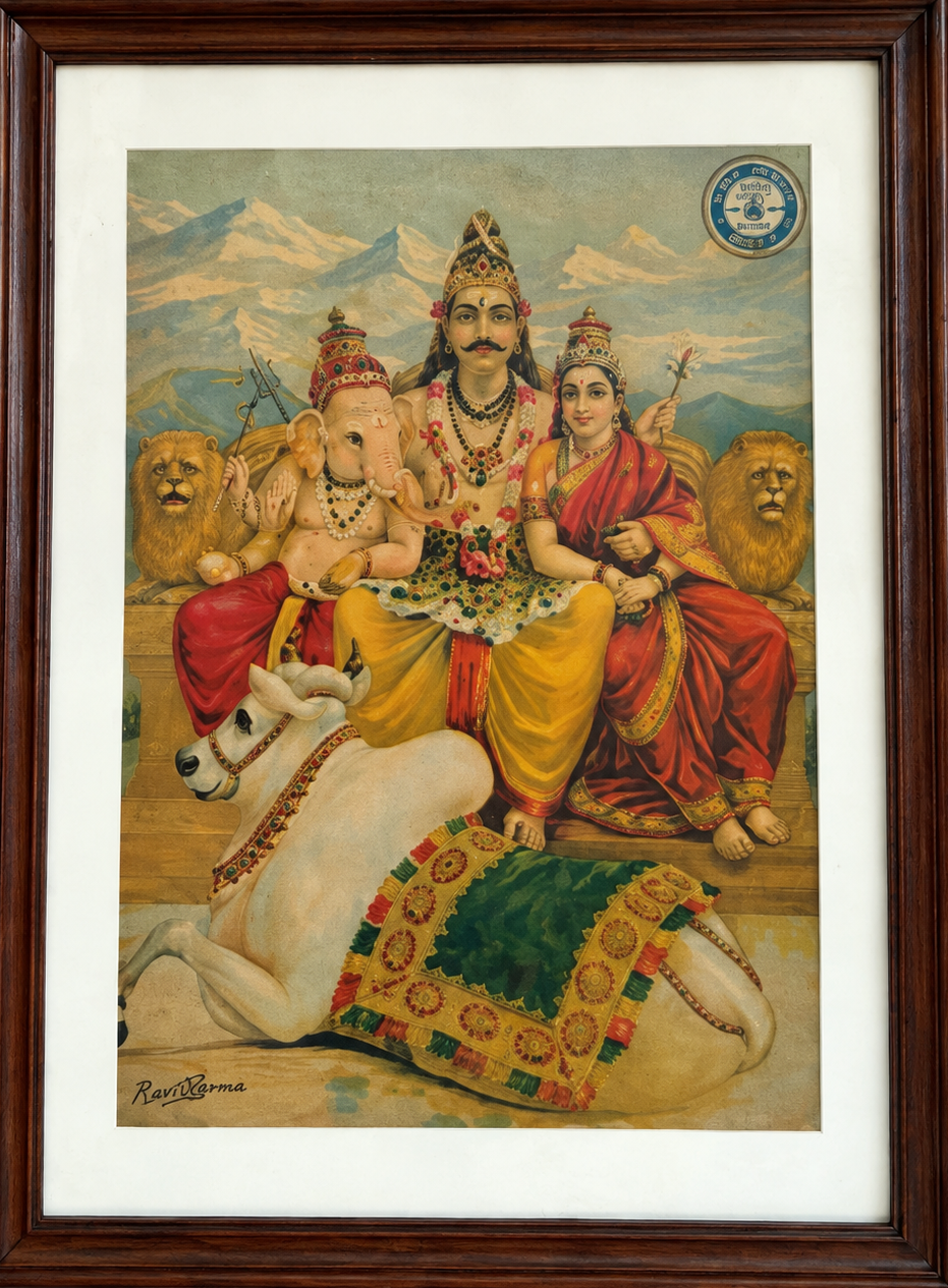 Vintage Raja Ravi Varma Shiva, Parvati & Ganesha Oleograph