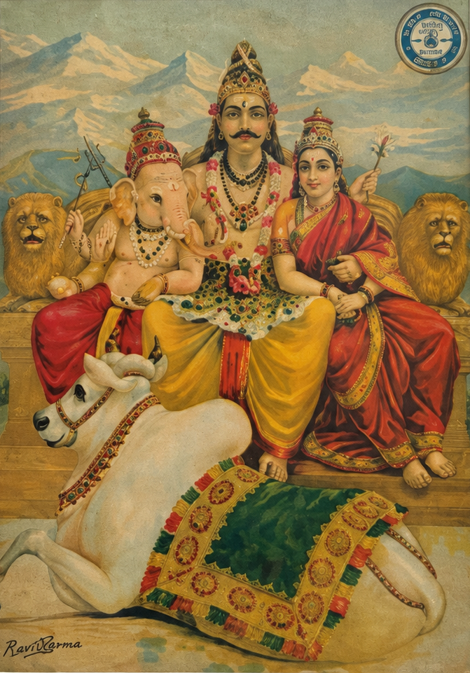 Vintage Raja Ravi Varma Shiva, Parvati & Ganesha Oleograph