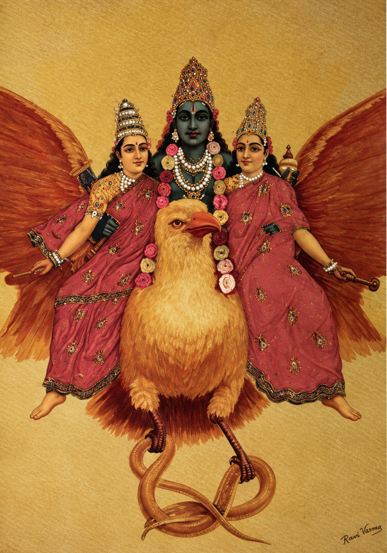 Vintage Raja Ravi Varma Vishnu Garud Vahan Oleograph