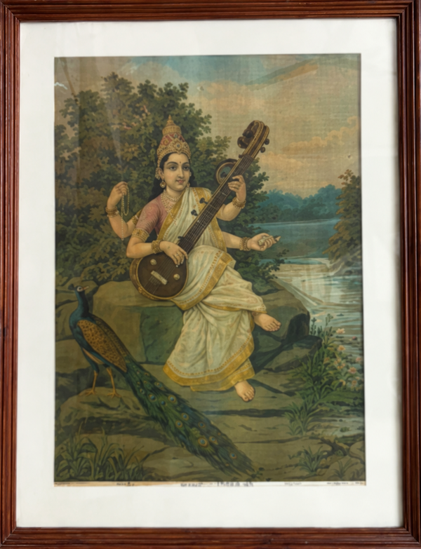 Vintage Raja Ravi Varma Saraswati Large Oleograph (1894)