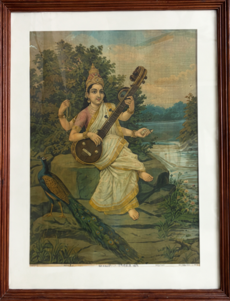Vintage Raja Ravi Varma Saraswati Large Oleograph (1894)
