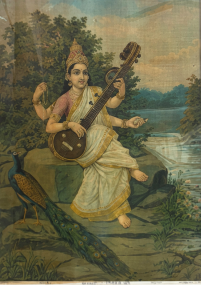 Vintage Raja Ravi Varma Saraswati Large Oleograph (1894)