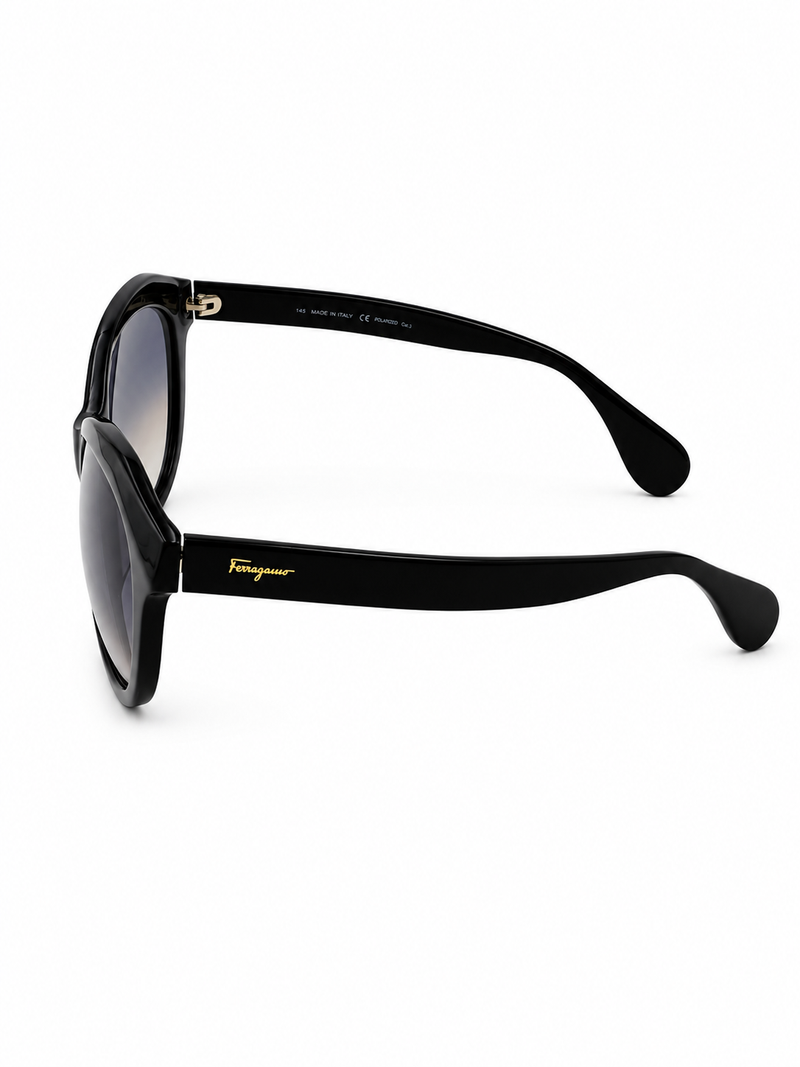 Vintage Ferragamo Cat Eye Sunglasses With Distinct Full Rim Black Frame And Gradient Lenses