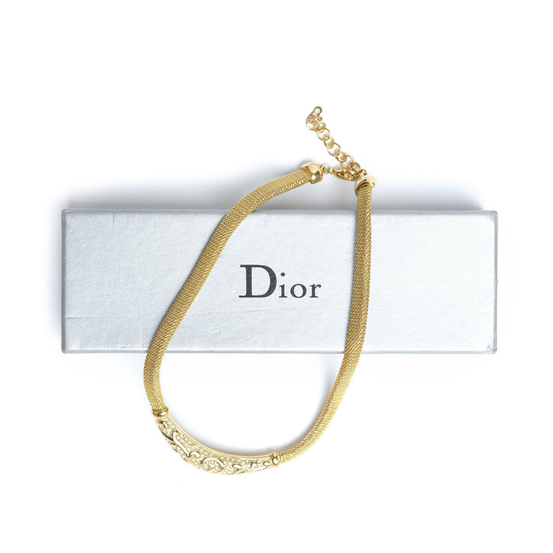 Vintage Christian Dior Choker Gold Tone With Crystal Rhinestone - Beg Borrow Steal Studio