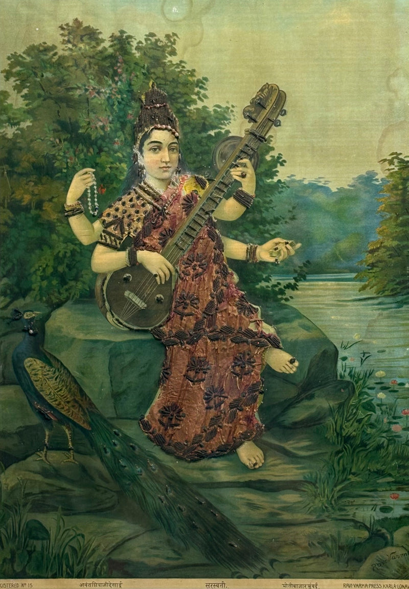 Vintage Raja Ravi Varma Saraswati Oleograph (No. 15)