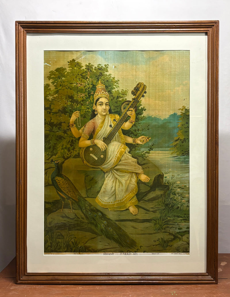 Vintage Raja Ravi Varma Saraswati Large Oleograph (1894)