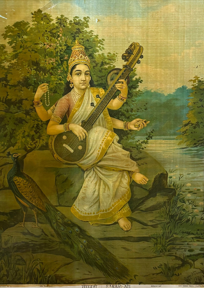 Vintage Raja Ravi Varma Saraswati Large Oleograph (1894)
