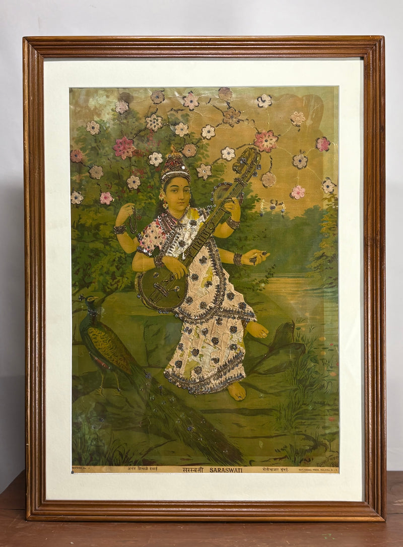 Vintage Raja Ravi Varma Saraswati Large Oleograph (No. 3)
