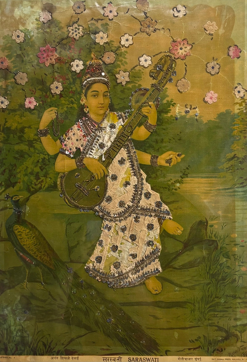 Vintage Raja Ravi Varma Saraswati Large Oleograph (No. 3)