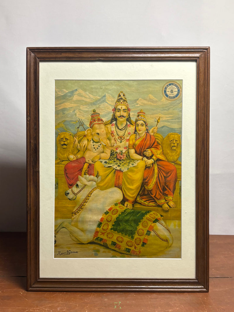 Vintage Raja Ravi Varma Shiva, Parvati & Ganesha Oleograph