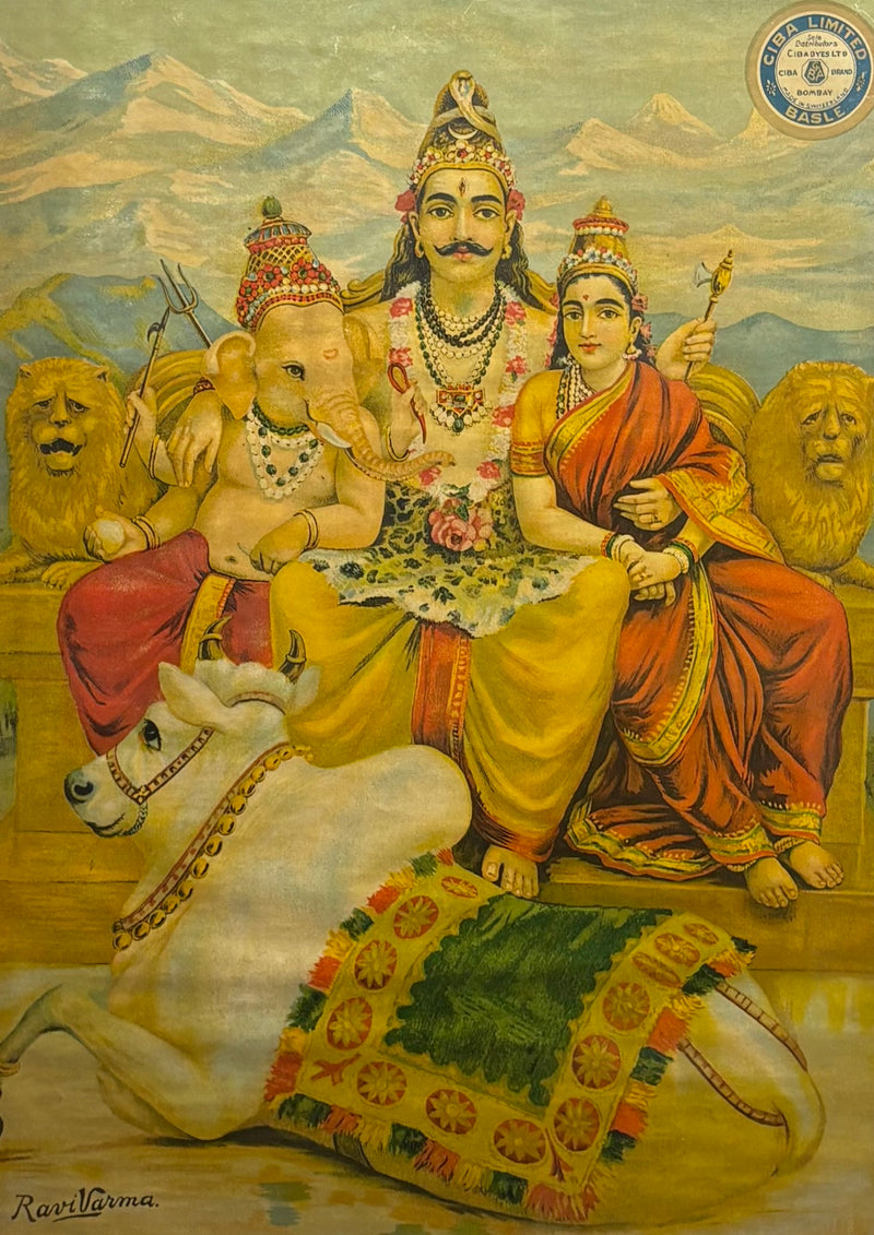 Vintage Raja Ravi Varma Shiva, Parvati & Ganesha Oleograph