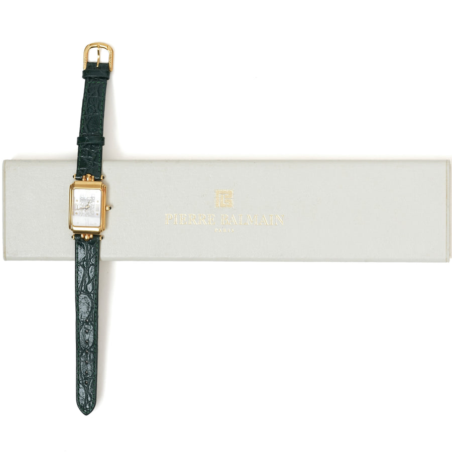 Vintage Pierre Balmain Rectangular Monogram Leather Strap Watch.