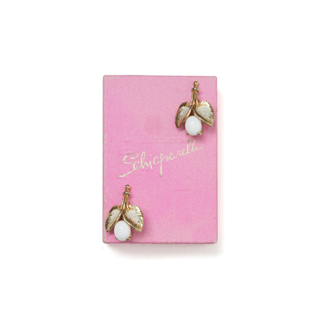 Vintage Schiaparelli Gold Leaf And White Glass Opal Drop Earrings