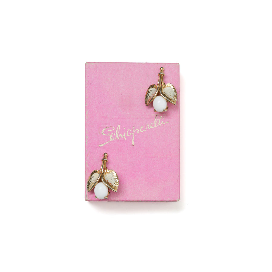 Vintage Schiaparelli Gold Leaf And White Glass Opal Drop Earrings