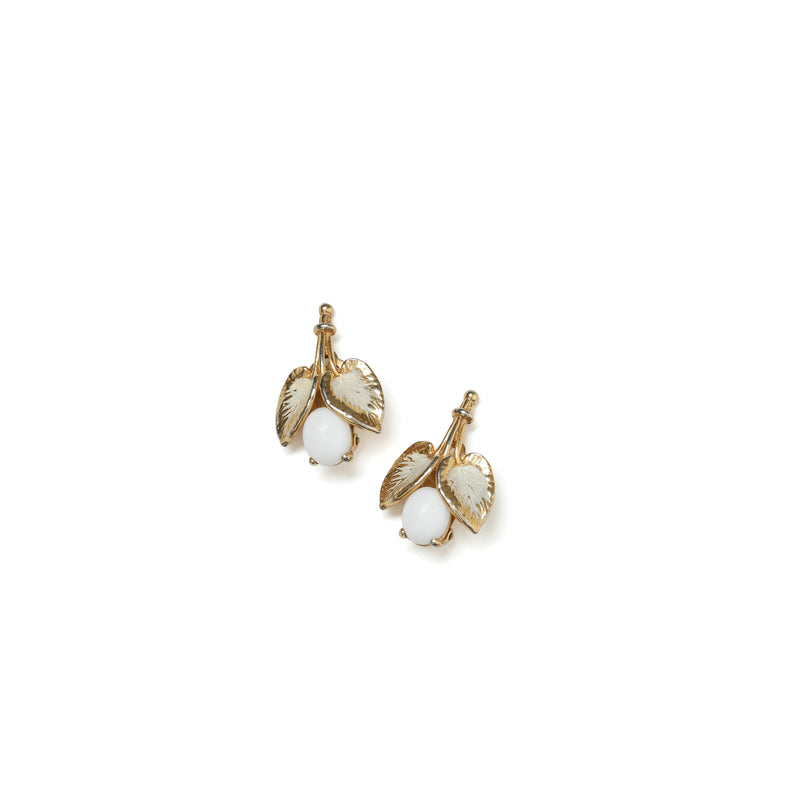 Vintage Schiaparelli Gold Leaf And White Glass Opal Drop Earrings - beg borrow steal studio