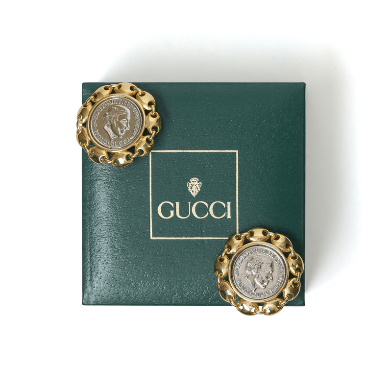 Vintage Paolo Gucci Silver Toned Central Italian Coin Medallion Earrings - beg borrow steal studio