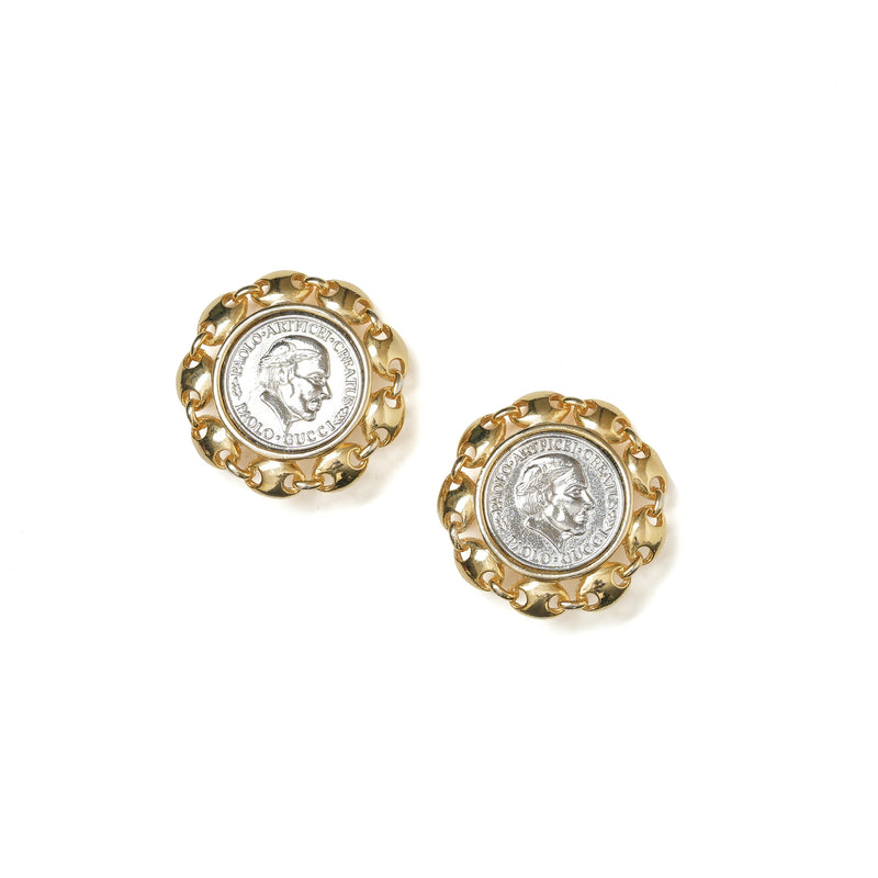 Vintage Paolo Gucci Silver Toned Central Italian Coin Medallion Earrings - beg borrow steal studio