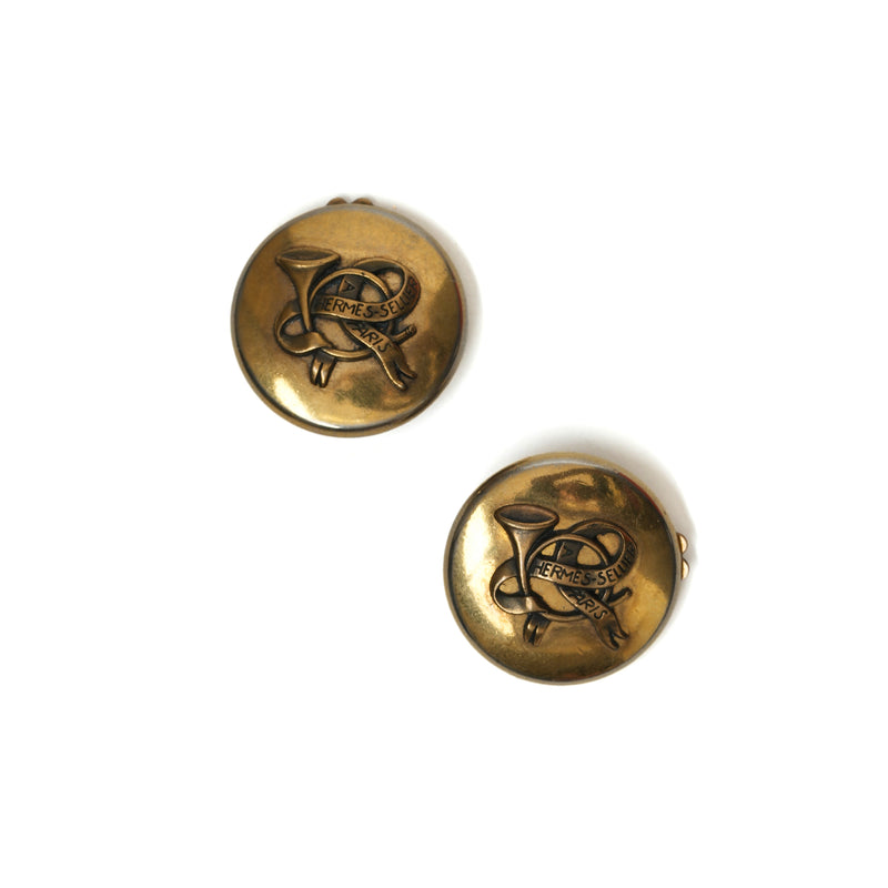 Vintage HERMES Sellier Trumpet & Ribbon Motif Round Earrings
