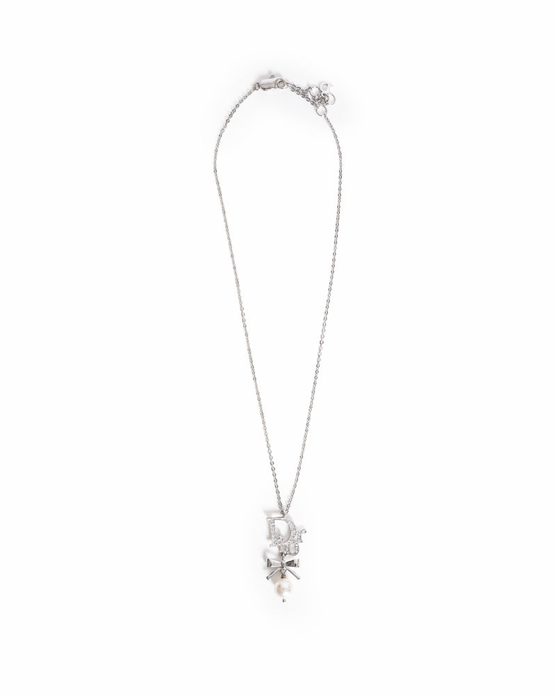 Vintage Christian Dior Crystal Pearl Dior Logo Silver Necklace