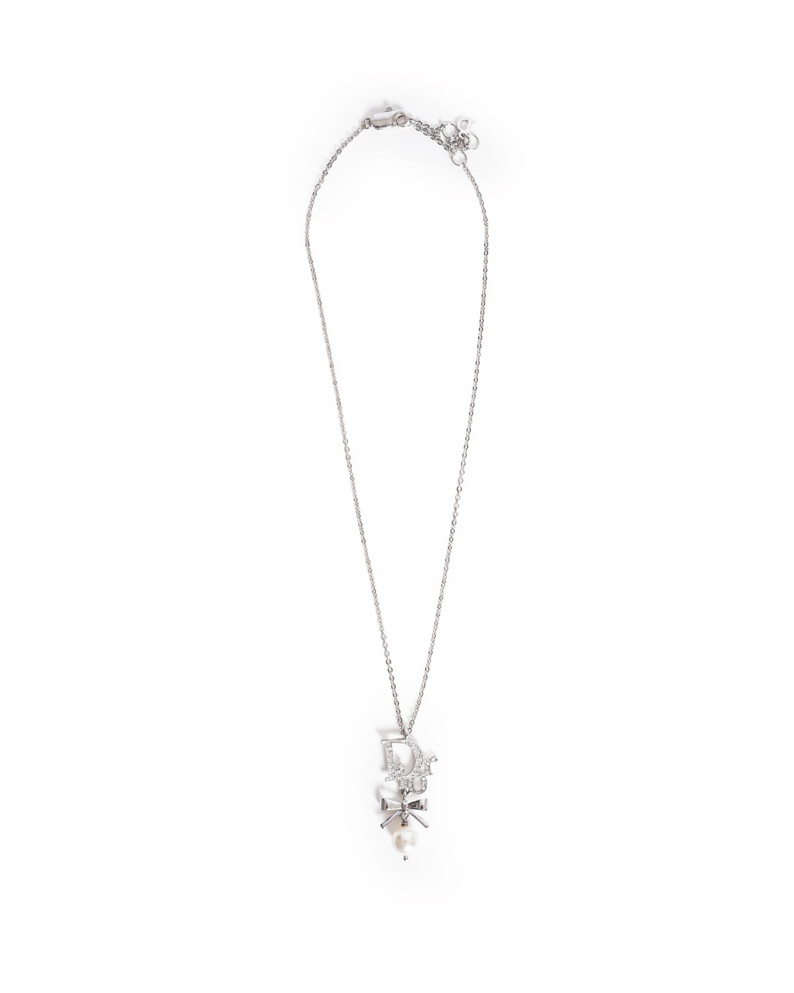 Vintage Christian Dior Crystal Pearl Dior Logo Silver Necklace