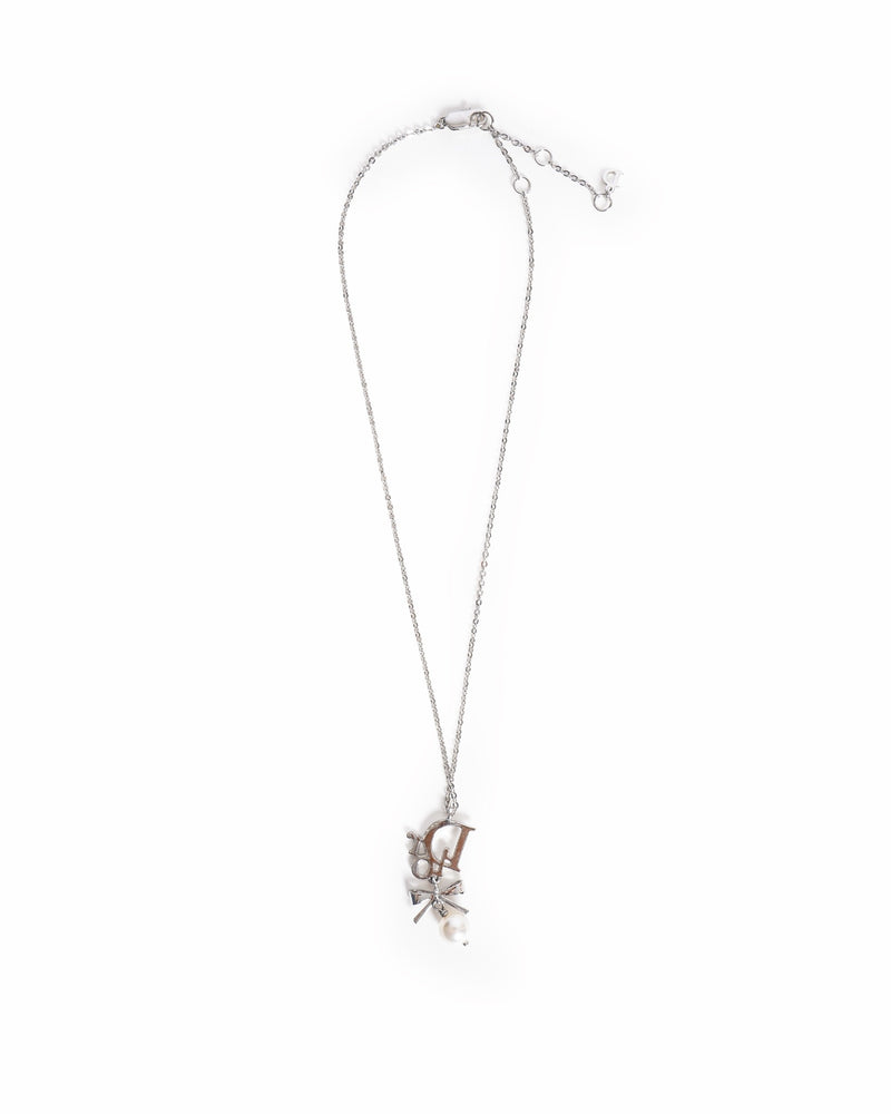 Vintage Christian Dior Crystal Pearl Dior Logo Silver Necklace