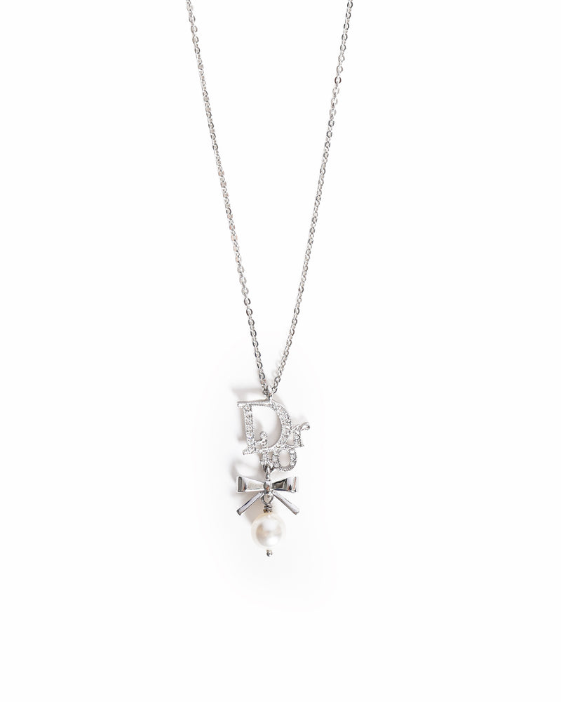 Vintage Christian Dior Crystal Pearl Dior Logo Silver Necklace