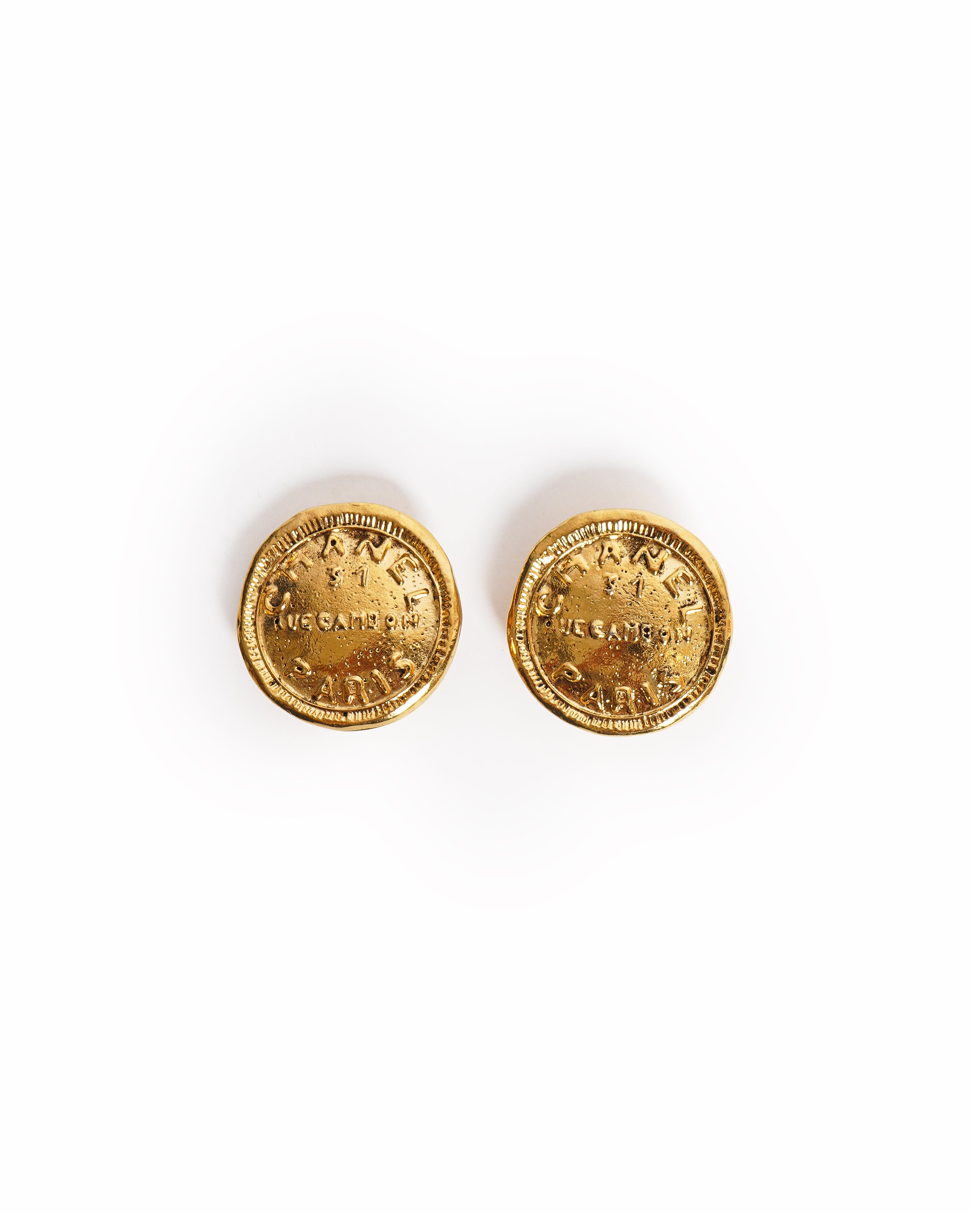 Vintage Chanel Logo CC 31 Rue Cambon Paris Relief Round Earrings - beg borrow steal studio
