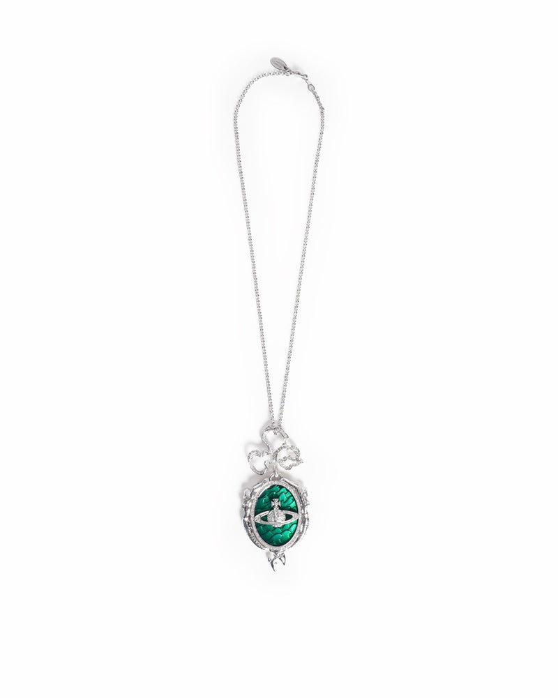 Vintage Vivienne Westwood Silver And Green Enamel Mermaid Orb Locket Pendant Necklace.
