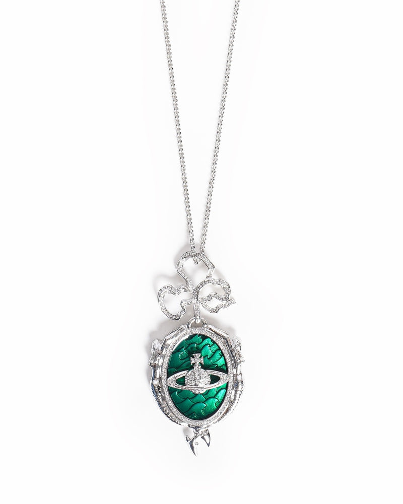 Vintage Vivienne Westwood Silver And Green Enamel Mermaid Orb Locket Pendant Necklace.