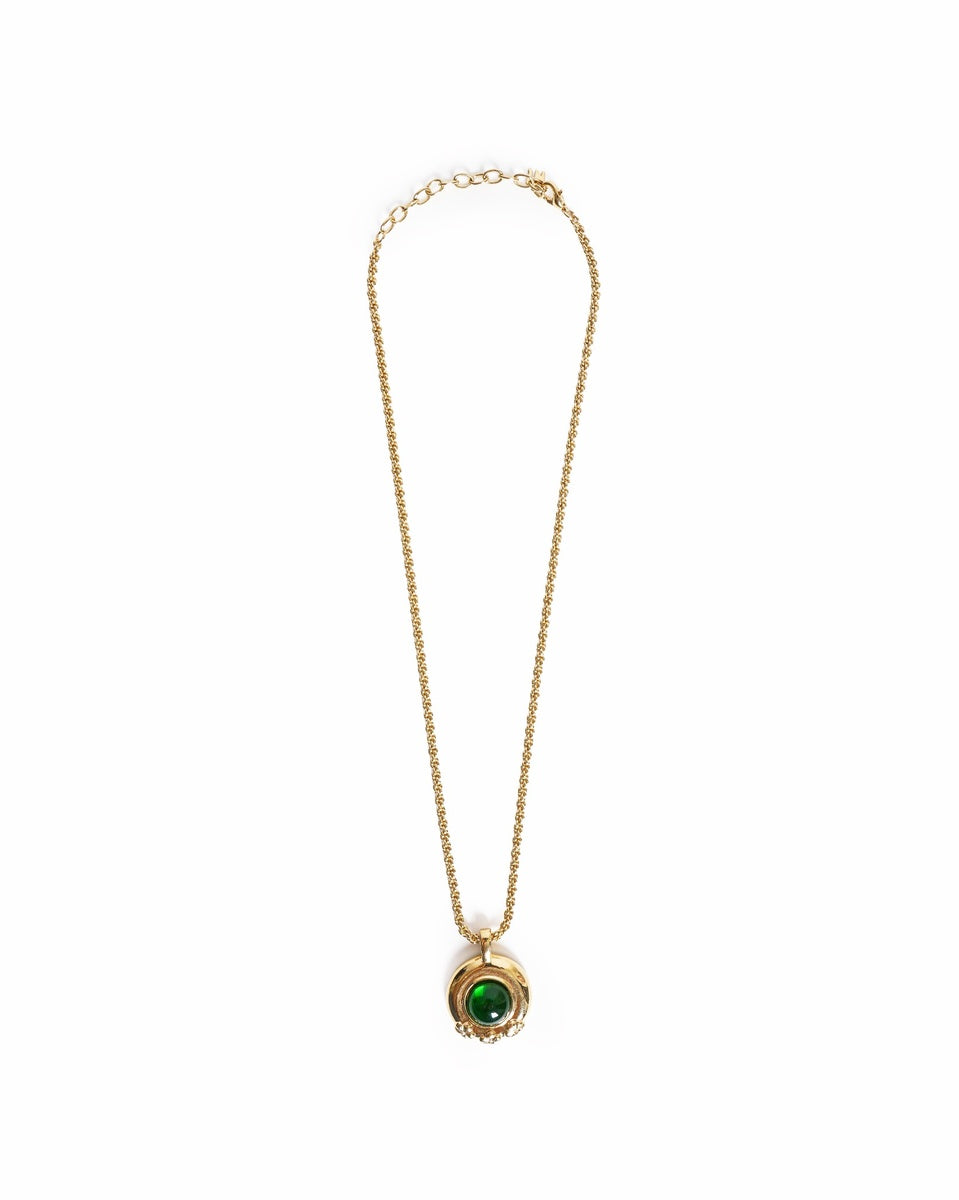 Vintage Nina Ricci Emerald Green Cabochon Floral Accent Pendant Necklace