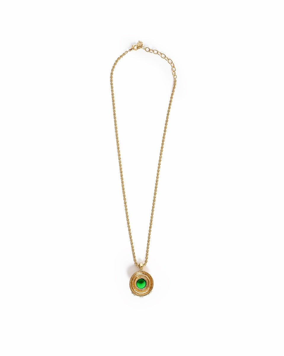 Vintage Nina Ricci Emerald Green Cabochon Floral Accent Pendant Necklace
