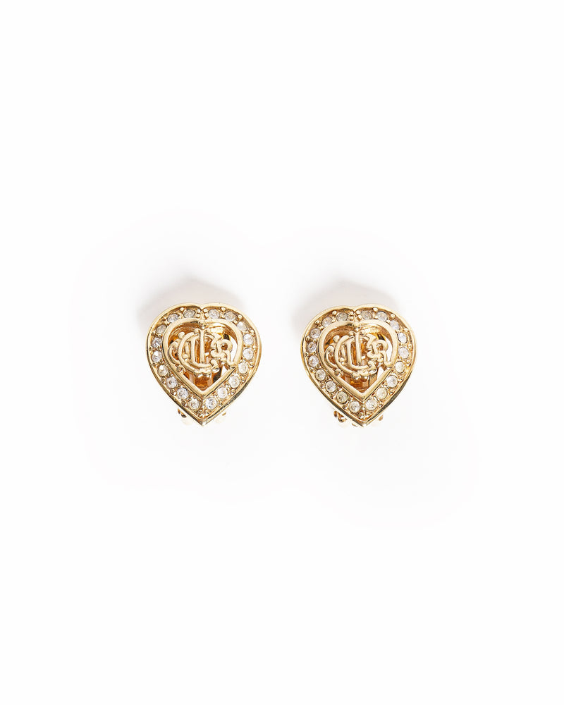 Vintage Christian Dior Heart Crystal Logo Earrings,
