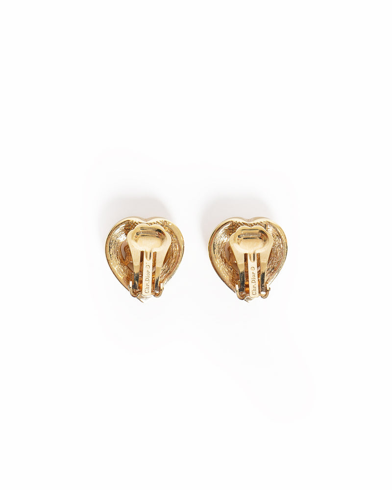 Vintage Christian Dior Heart Crystal Logo Earrings,