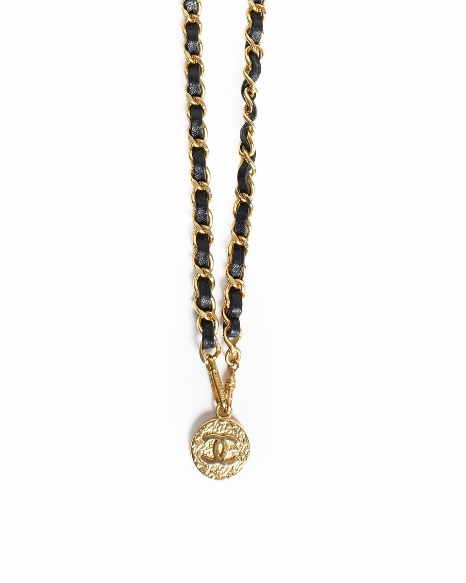 Vintage Chanel Black Leather CC Logos Coin Chain Belt